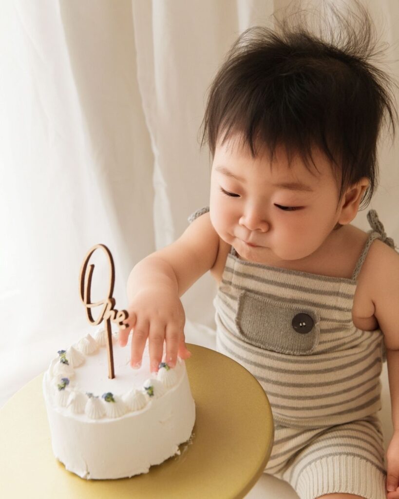 豊橋のスタジオリアンで撮影された1歳誕生日のケーキスマッシュの様子